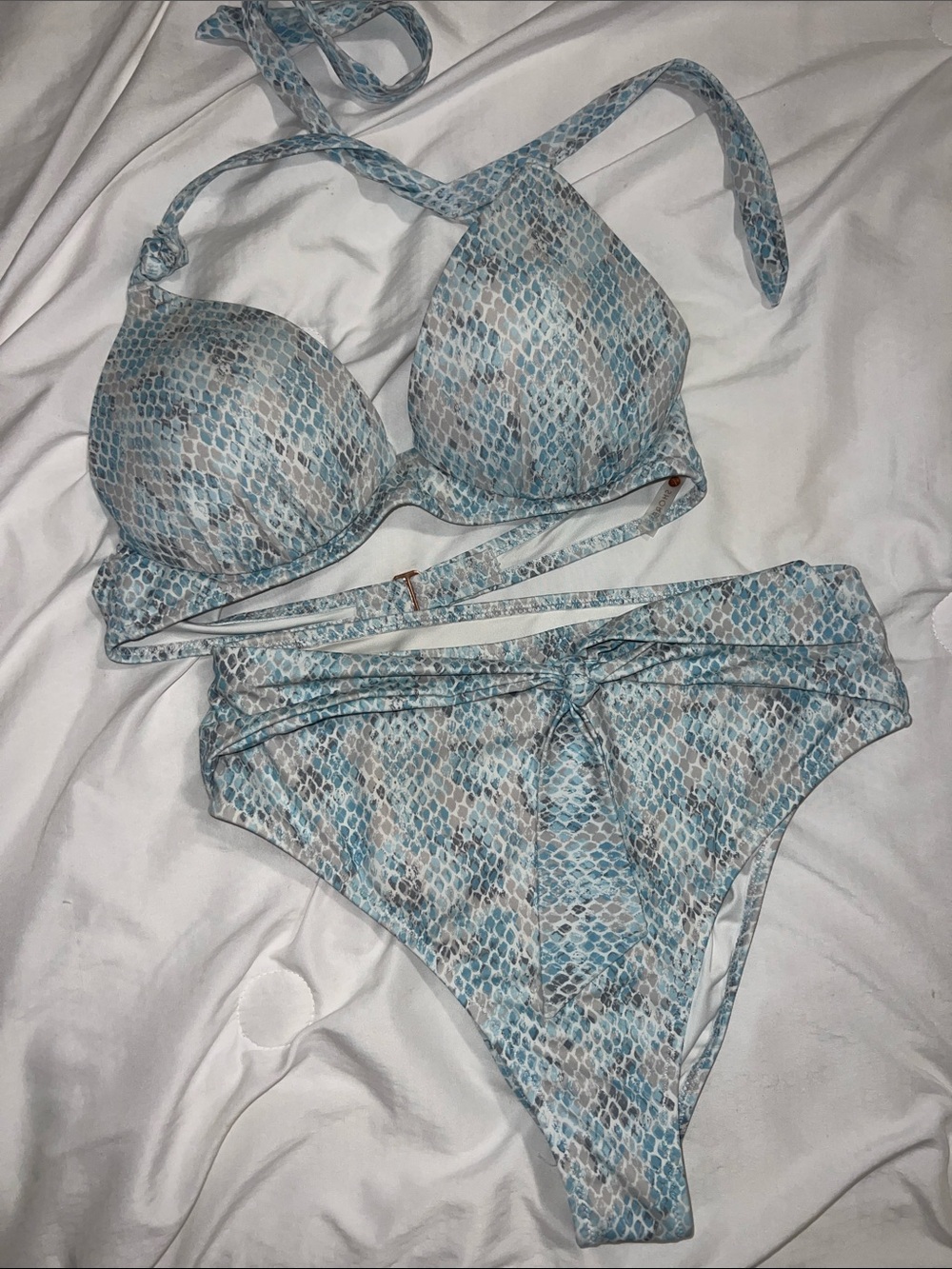 Shade & Shore Blue and Cream Snake-Print Bikini Set